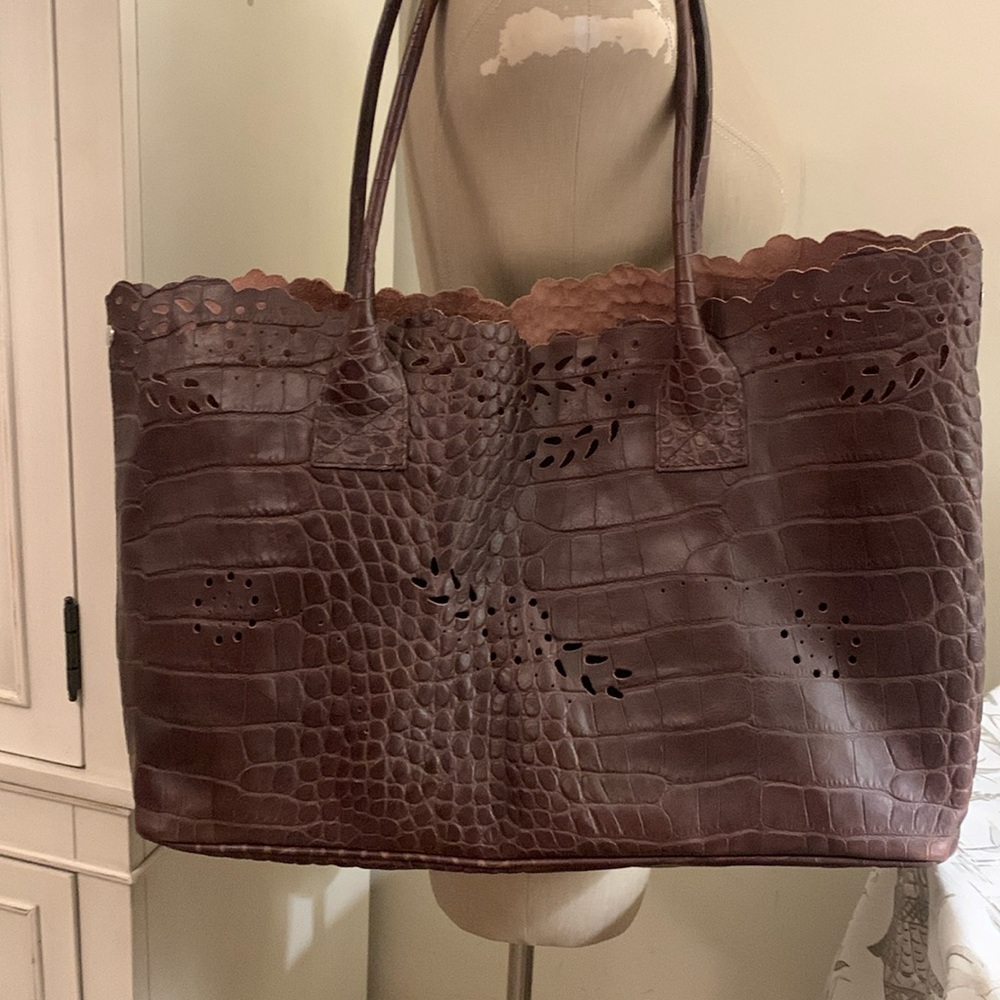 Furla brown alligator embossed large tote.